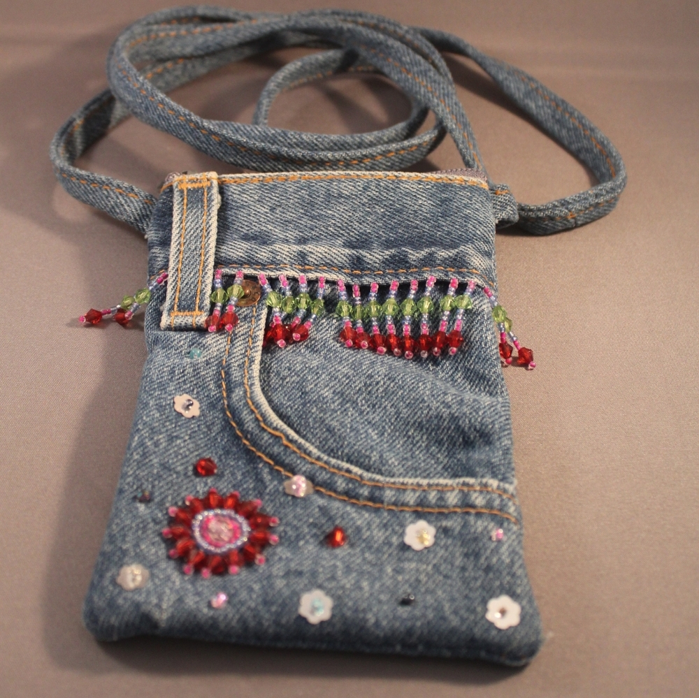 Blue and Red Mini Bag with Embroidery and Embellishments
